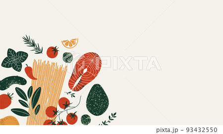 Healthy food background. Salmon with spaghetti and avocado. Food ingredients. Vector illustration 93432550