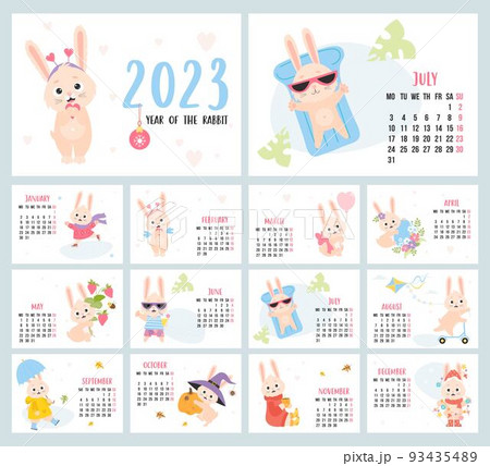 Printable Calendar 2023 with rabbit. planner organizer. Vector covers and 12 month, A4 horizontal pages. Week from Monday in English. hare character mascot symbol year. Cute Easter Bunny, Halloween. Printable Calendar 2023 with rabbit. planner organizer. Vector covers and 12 month, A4 horizontal pages. Week from Monday in English. hare character mascot symbol year. Cute Easter Bunny, Halloween. 93435489