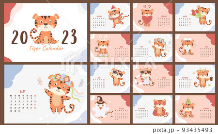 Yearly monthly design calendar for 2023 with cute tiger. Set of 12 pages and cover in English. Vector illustration. horizontal template. Week from Monday. Stationery, planner, organizer with animal. 93435493