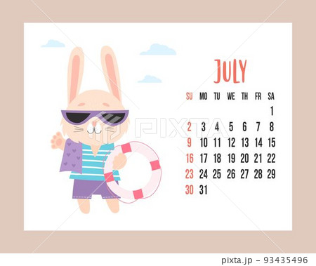 July 2023 planner calendar. Cute bunny in sunglasses and in shorts with beach towel and lifebuoy. Vector illustration. horizontal Template. Week from Sunday In English. rabbit is symbol year. 93435496