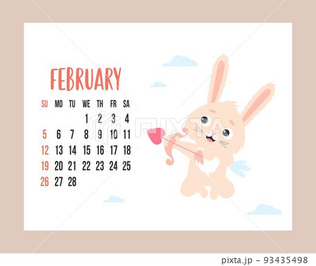 February 2023 calendar. Cute bunny Winged cupid shoots an arrow with heart on white background with clouds. Vector illustration. Horizontal Template. Week from sunday. In English. Rabbit symbol year. 93435498