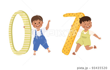 Cute happy kids with numbers. Joyful boysl holding zero and seven number. Birthday ages, party decoration, education materials cartoon vector illustration 93435520