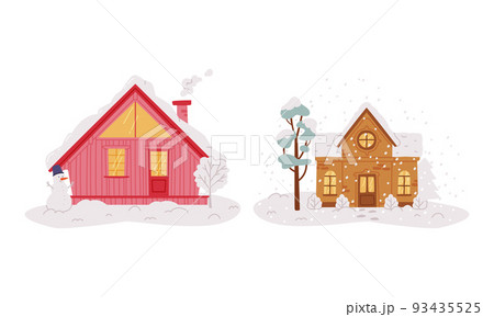 Cosy small wooden houses with glowing windows and snowy rooftops set flat vector illustration 93435525