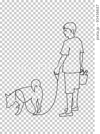 芝犬と散歩する男の子　モノクロ線画 93436687