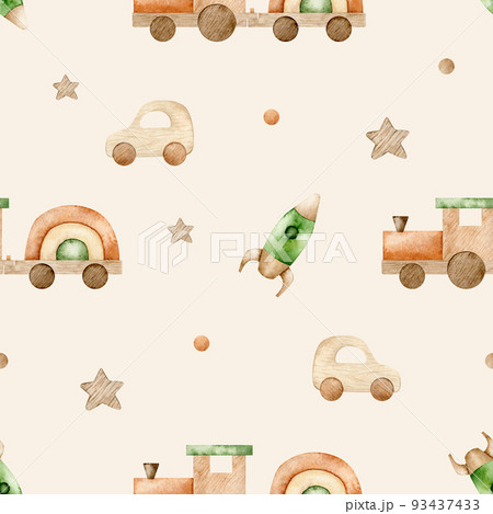 Watercolor eco toys seamless pattern. Hand drawn illustration with train, rocket, car and wooden star for fabric, wrapping paper on beige background Watercolor eco toys seamless pattern. Hand drawn illustration with train, rocket, car and wooden star for fabric, wrapping paper on beige background 93437433
