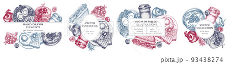 Breakfast hand drawn frame templates. Vintage illustrations of sandwich, pancakes, bowl with avocado, porridge with berries, chia pudding, fried eggs, raspberry, blueberry, strawberry, apples, paper Breakfast hand drawn frame templates. Vintage illustrations of sandwich, pancakes, bowl with avocado, porridge with berries, chia pudding, fried eggs, raspberry, blueberry, strawberry, apples, paper 93438274