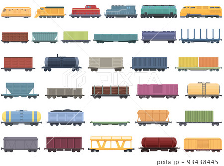 Train freight wagons icons set cartoon vector. Diesel locomotive. Side cargo Train freight wagons icons set cartoon vector. Diesel locomotive. Side cargo 93438445
