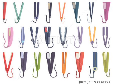 Hair straightener icons set cartoon vector. Salon iron. Hair styler Hair straightener icons set cartoon vector. Salon iron. Hair styler 93438453
