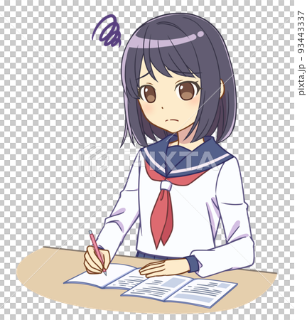 A girl in a sailor suit studying worries A girl in a sailor suit studying worries 93443337
