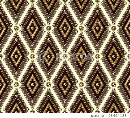 Seamless vintage pattern with gold rhombuses, chains, beads. Geometric grid. Classic background. Vector illustration Seamless vintage pattern with gold rhombuses, chains, beads. Geometric grid. Classic background. Vector illustration 93444183