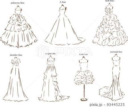 いろいろな種類のウェディングドレスのセット 線画のイラスト素材