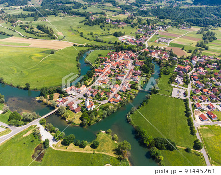 Kostanjevica na Krki Medieval Town Surrounded by Krka River, Slovenia, Europe. Aerial view. Kostanjevica na Krki Medieval Town Surrounded by Krka River, Slovenia, Europe. Aerial view. 93445261