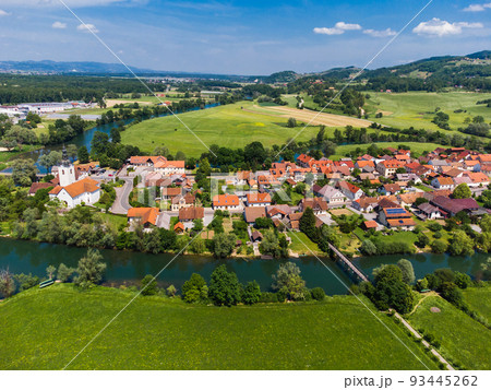 Kostanjevica na Krki Medieval Town Surrounded by Krka River, Slovenia, Europe. Aerial view. Kostanjevica na Krki Medieval Town Surrounded by Krka River, Slovenia, Europe. Aerial view. 93445262