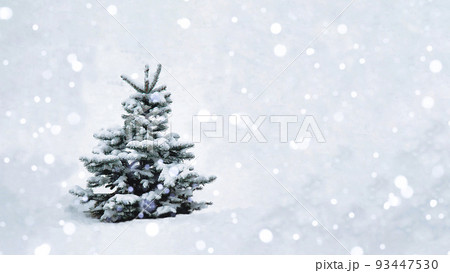 A Christmas tree with snow on the branches in an open space stands in a snowfall.  93447530