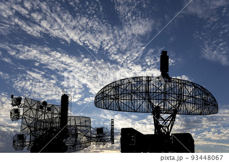 Air defense radars of military mobile anti aircraft systems, modern army industry on background beautiful clouds and sky, Russia Air defense radars of military mobile anti aircraft systems, modern army industry on background beautiful clouds and sky, Russia 93448067