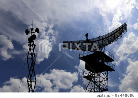 Air defense radars of military mobile anti aircraft systems, modern army industry on background beautiful clouds and sky, Russia 93448086