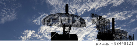 Air defense radars of military mobile anti aircraft systems, modern army industry on background beautiful clouds and sky, Russia Air defense radars of military mobile anti aircraft systems, modern army industry on background beautiful clouds and sky, Russia 93448121