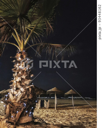 Palm tree with lights on a beach on a starry night Palm tree with lights on a beach on a starry night 93448162