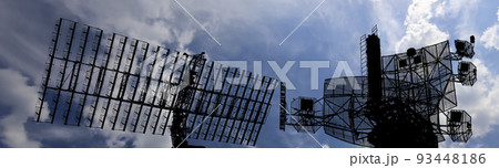 Air defense radars of military mobile anti aircraft systems, modern army industry on background beautiful clouds and sky, Russia 93448186