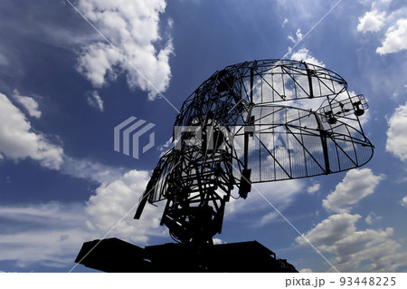 Air defense radars of military mobile anti aircraft systems, modern army industry on background beautiful clouds and sky, Russia Air defense radars of military mobile anti aircraft systems, modern army industry on background beautiful clouds and sky, Russia 93448225