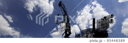 Air defense radars of military mobile anti aircraft systems, modern army industry on background beautiful clouds and sky, Russia Air defense radars of military mobile anti aircraft systems, modern army industry on background beautiful clouds and sky, Russia 93448389