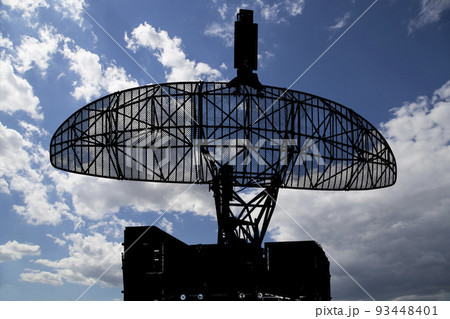 Air defense radars of military mobile anti aircraft systems, modern army industry on background beautiful clouds and sky, Russia 93448401
