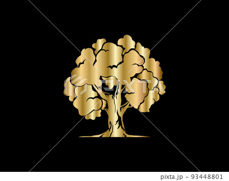 golden oak tree vector on black background. good for logo and print on metal. 93448801