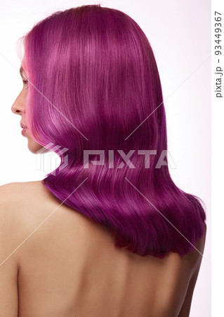 Beautiful girl with multi-colored hair and classic make-up and hairstyle. Beauty face. 93449367