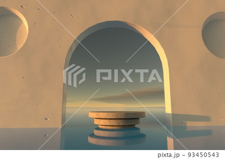round podium in water with marble arc above 93450543