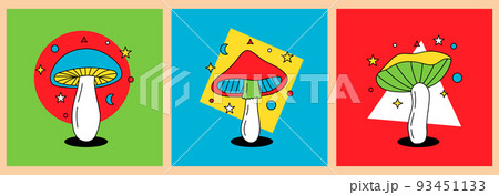 Mushroom silhouette set. Mushroom prints for t-shirts or stickers. Different posters with exotic mushrooms. Psychedelic mushrooms illustration. Mushroom silhouette set. Mushroom prints for t-shirts or stickers. Different posters with exotic mushrooms. Psychedelic mushrooms illustration. 93451133