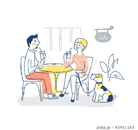 カフェでくつろぐカップルと犬 93451163