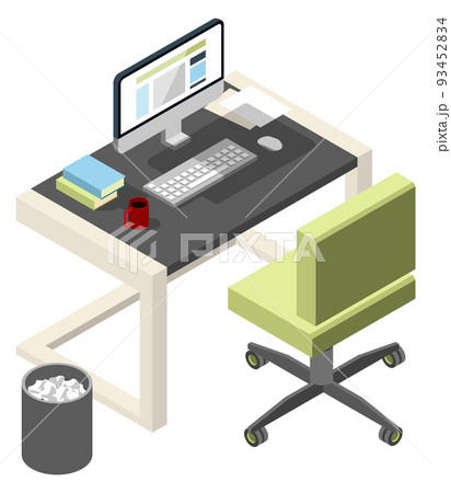 Workspace isometric icon. Office desk with computer and chair 93452834