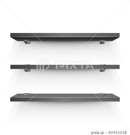 Black shelf mockup. Three empty shelves template. Realistic bookshelf design. Black shelf mockup. Three empty shelves template. Realistic bookshelf design. 93453338
