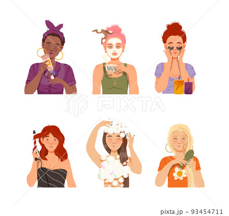 Collection of girls applying facial mask and cream, washing, combing and curling hair set cartoon vector illustration Collection of girls applying facial mask and cream, washing, combing and curling hair set cartoon vector illustration 93454711