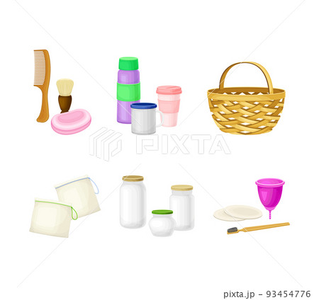 Zero waste goods set. Wicker basket, glass jar, soap, toothbrush, menstrual cup, comb vector illustration Zero waste goods set. Wicker basket, glass jar, soap, toothbrush, menstrual cup, comb vector illustration 93454776