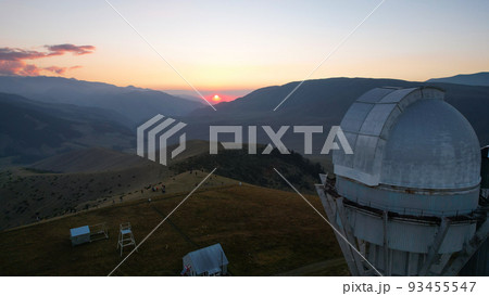 Two large telescope domes at sunset. Drone view Two large telescope domes at sunset. Drone view 93455547