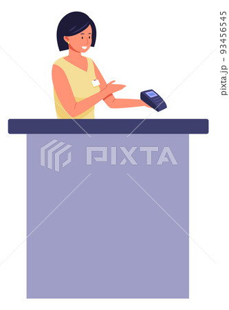 Female cashier holding card terminal. Store payment Female cashier holding card terminal. Store payment 93456545