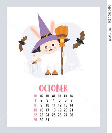 October 2023 calendar. Cute bunny Halloween ghost in witch hat, with broom, candle and bats. Vector illustration. Vertical Template. Week from sunday In English. rabbit is symbol 2023 year. 93456996