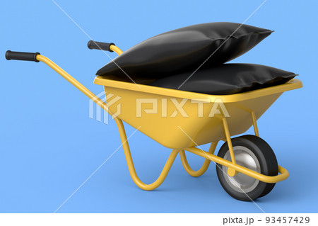 Garden wheelbarrow isolated on blue background. Handcart with bags. Garden wheelbarrow isolated on blue background. Handcart with bags. 93457429