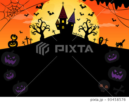ハロウィンフレーム背景_満月と館＿シルエット_オレンジ 93458576