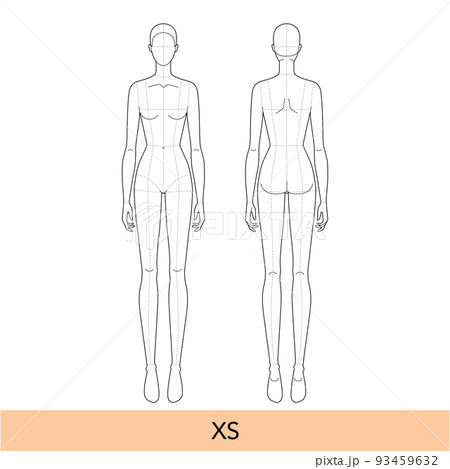Set of S Size Women Fashion template 9 head Croquis Lady model skinny body  figure front, side, 3-4, back view. Vector isolated sketch outline girl for  Fashion Design, Illustration, technical drawing Stock