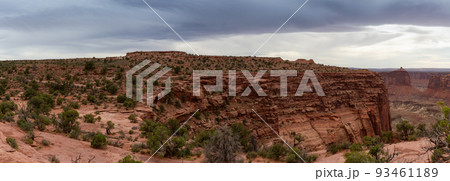 Scenic Panoramic View of American Landscape and Red Rock Mountains in Desert Canyon. Scenic Panoramic View of American Landscape and Red Rock Mountains in Desert Canyon. 93461189
