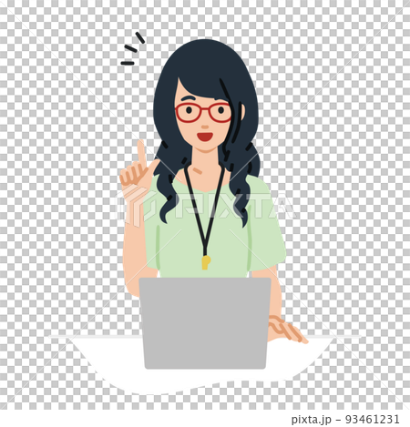 A teacher woman sitting at a desk, opening a PC and inspiring something 93461231