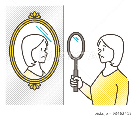 鏡を見る若い女性。自分探し、自己分析、内省のコンセプト【ベクターイラスト素材】 93462415