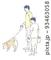 柴犬と散歩する父子　手描き風線画 93463058