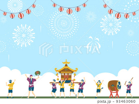 お祭りを楽しむ人達　花火背景 93463060