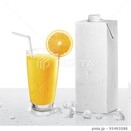 Fresh orange juice with fruits and Packages box having drops water 93463086