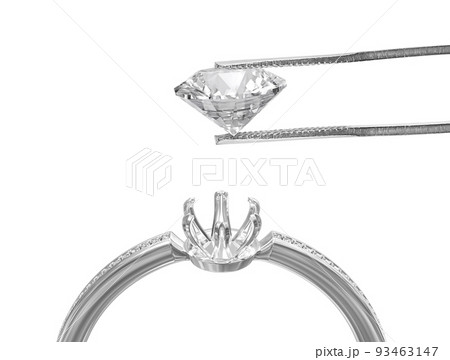White gold or silver ring without gemstone and Excellent cut diamonds held by tweezers on a white background. 3d render 93463147