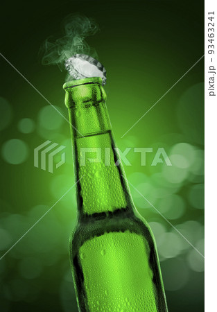Cold wet open beer bottle with smoke on green bokeh background. 3d render Cold wet open beer bottle with smoke on green bokeh background. 3d render 93463241