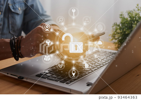 Casual Businessman Hand Touching Mobile Phone Screen and Circle Unlock Security Sign 93464363